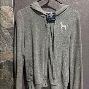 Gray PINK Zip-Up Hoodie with Dog Logo